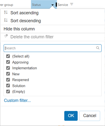 Table column dropdown menu